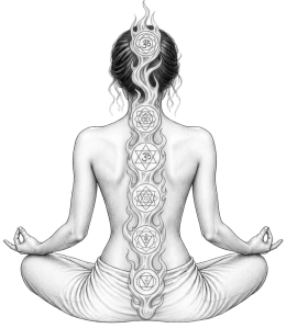 A stylized illustration of a person sitting in a meditative pose, with their back facing the viewer. The spine is decorated with six chakra symbols and a flame design at the top of the head, emphasizing themes of spirituality and meditation.